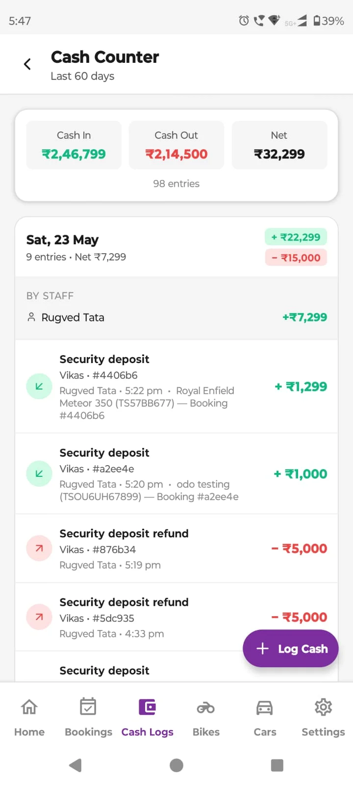 Cash counter and payments in the Velosta app