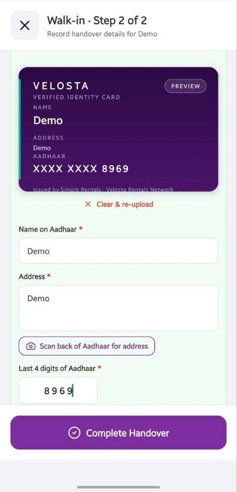 Aadhaar scan screen in the Velosta app