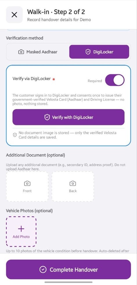 DigiLocker identity verification in the Velosta app