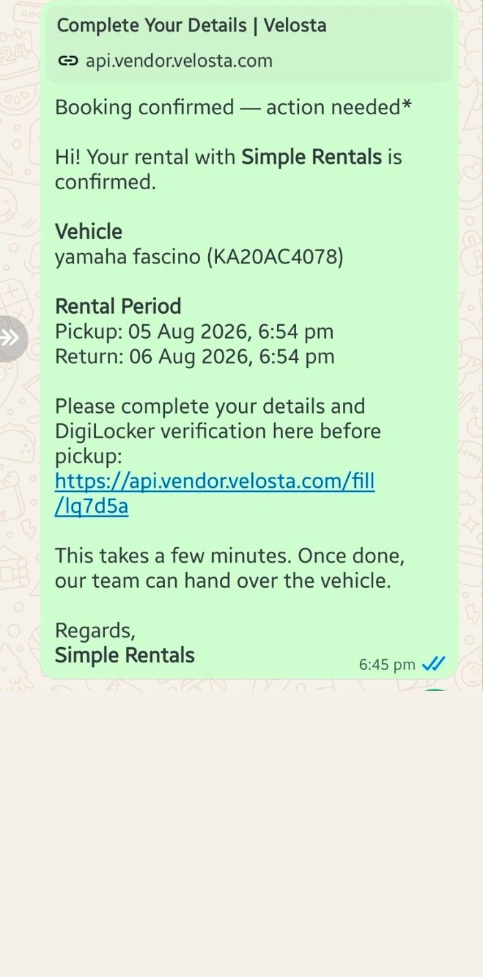 WhatsApp booking confirmation message from Velosta
